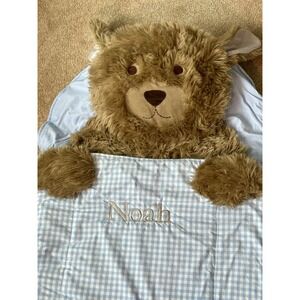 NOAH Pottery Barn Kids Shaggy Puppy DOG Sleeping Bag Blue Gingham Brown Furry VN